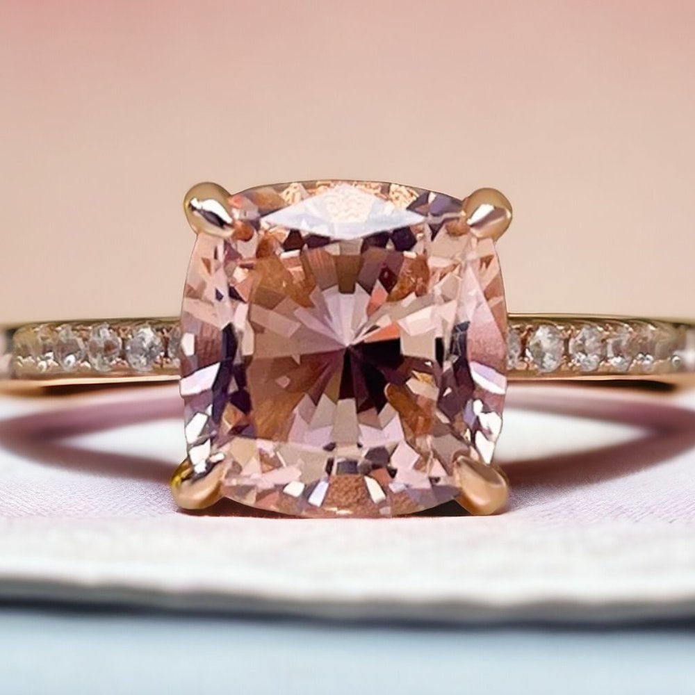 4 Carat cushion cut Morganite in a moisenite halo setting and a sterling silver